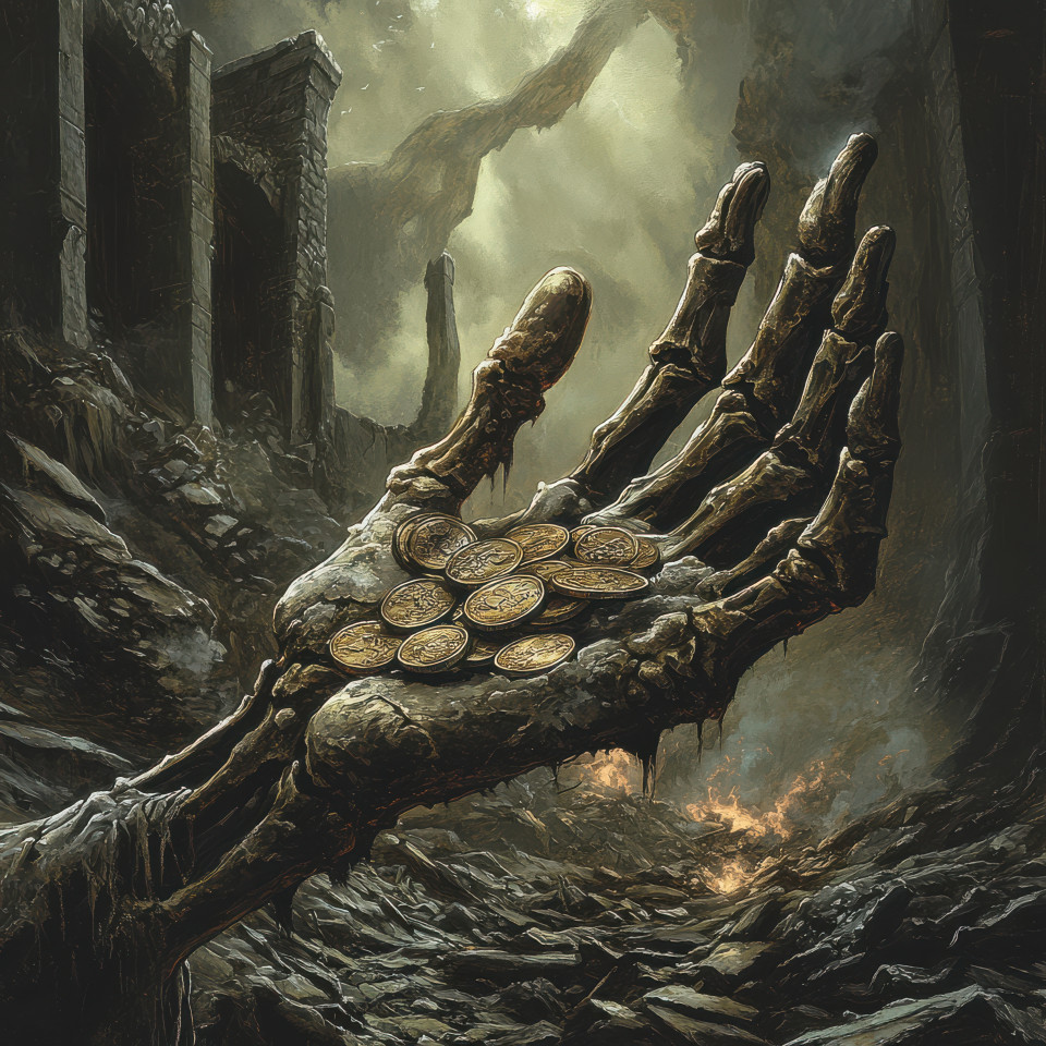 A skeletal hand grips shattered coins remnants of a forgotten era, the crumbling fingers clutch them tightly, grimdark fiction of greed and ruin