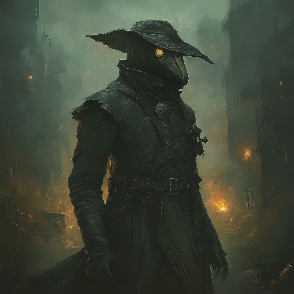 A plague doctor looms in the thick fog mask hiding its face, cloaked in darkness, it moves silently, best grimdark vision of fear and disease