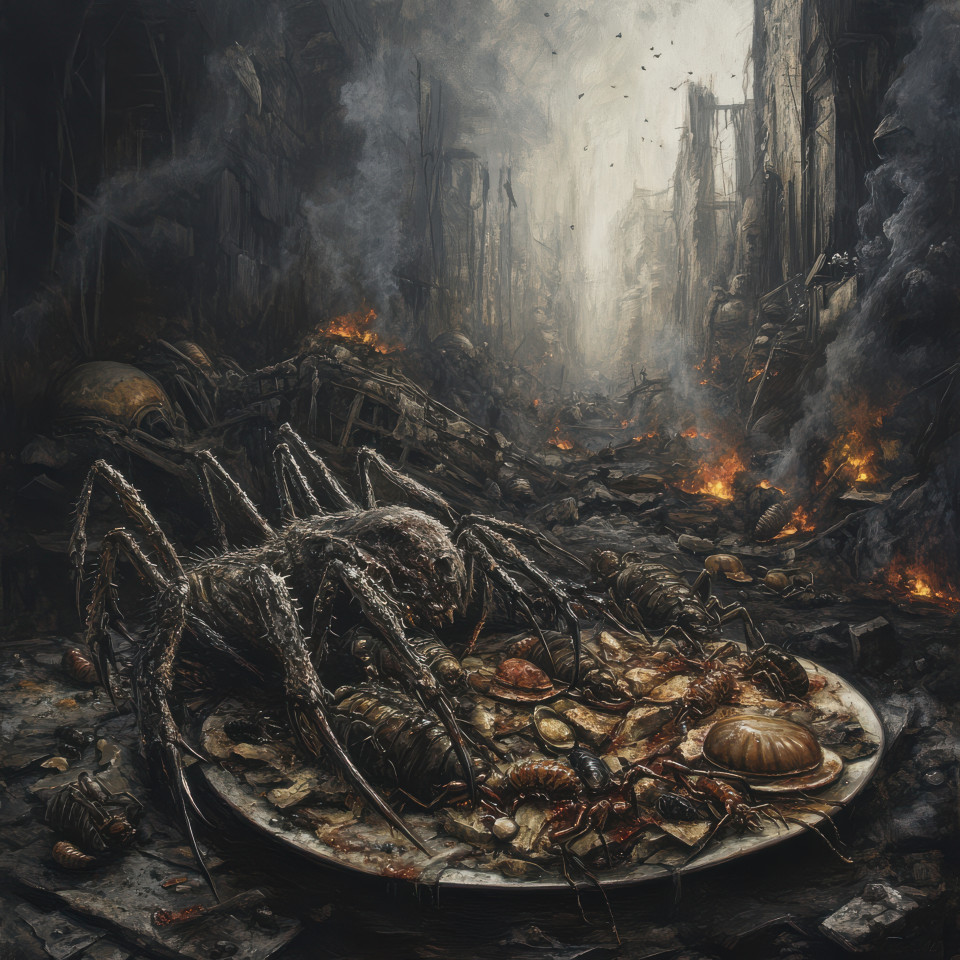 A rotting feast swarmed by insects sits abandoned food covered in decay, the scent of death lingers, grimdark fiction of famine and ruin