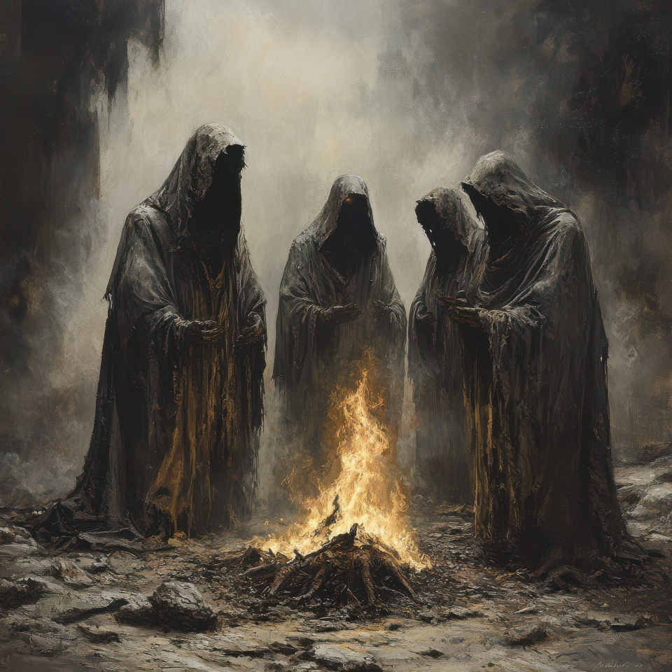 Hooded figures chant around a burning effigy flames casting twisted shadows, the air crackles with ominous energy, best grimdark ritual of dread