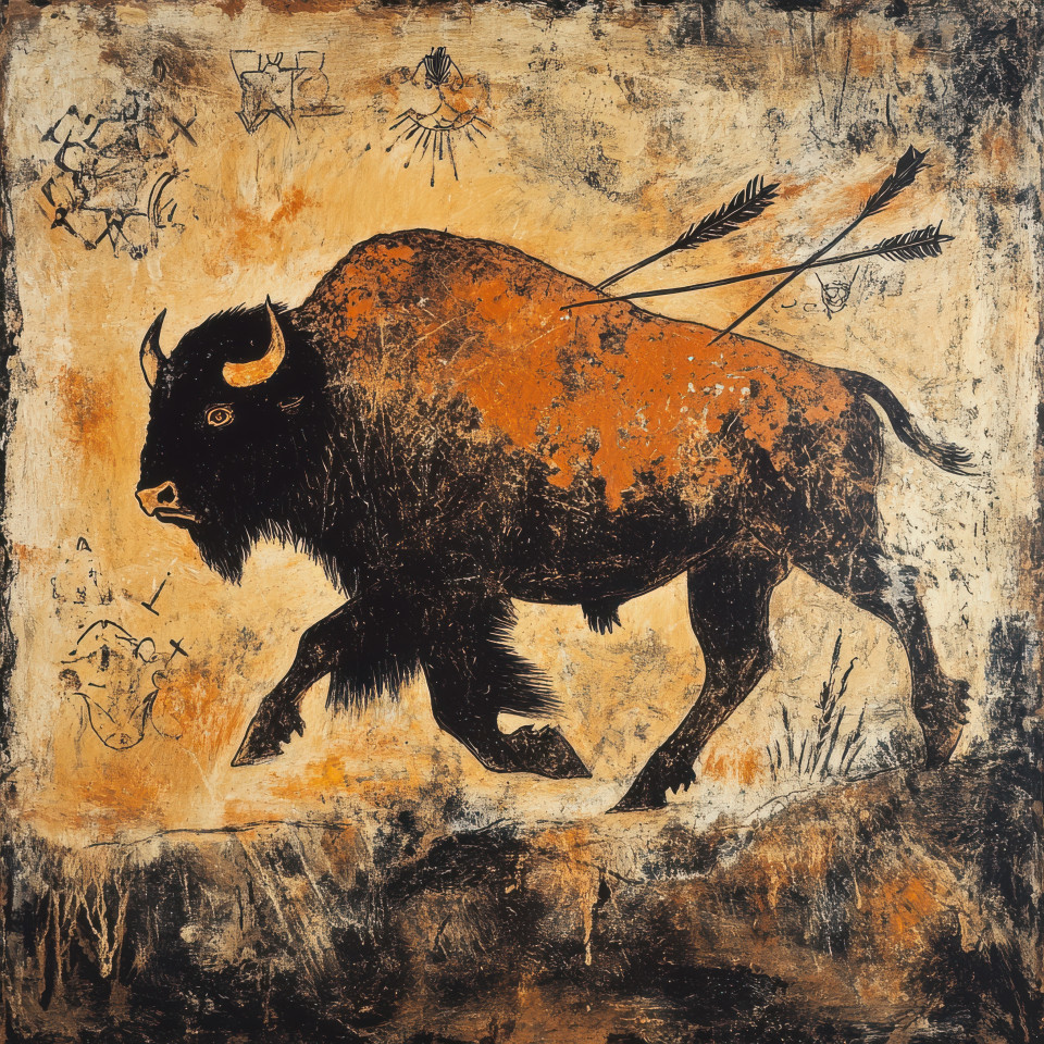 Running bison with arrows striking its side depicted in a cave painting, showcasing a hunting scene, inspired by chauvet cave and lascaux cave paintings