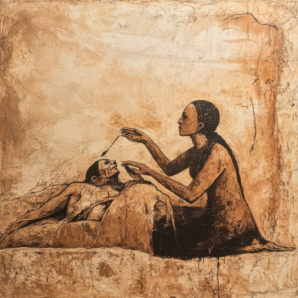 A healer treating a wounded hunter in a cave painting, reflecting the survival instincts of early humans, influenced by chauvet cave and lascaux cave paintings