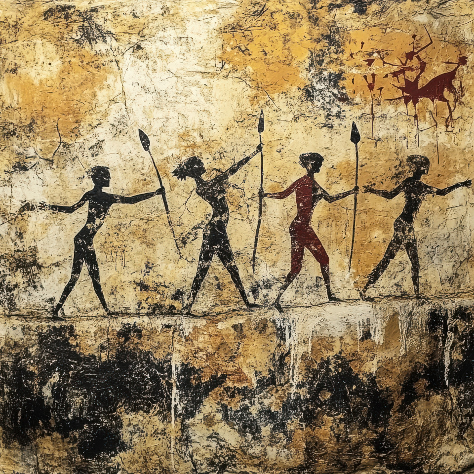 People on a beach with spears in a cave painting, showing prehistoric life and hunting, inspired by chauvet cave and lascaux cave paintings