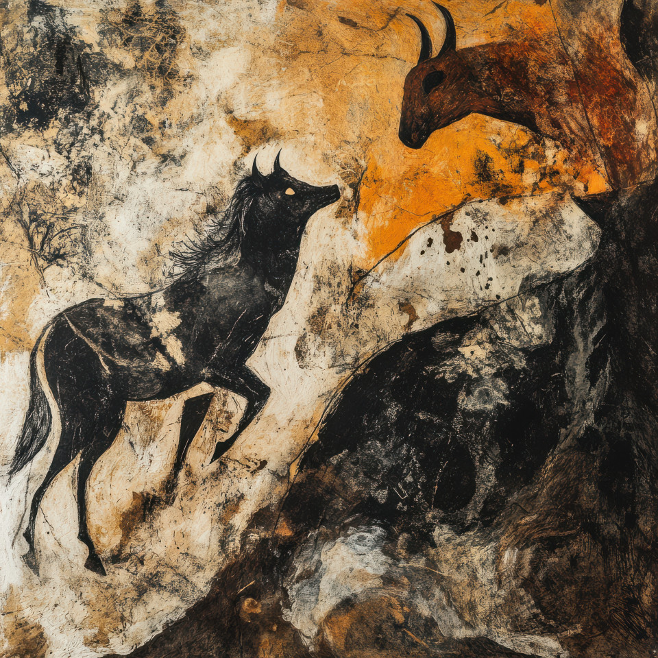 Exchanging animal skins for tools in a cave painting, highlighting early trade practices, inspired by chauvet cave and lascaux cave paintings
