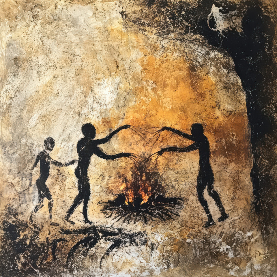 People roasting meat over a fire in a cave painting, showing early culinary practices, influenced by chauvet cave and lascaux cave paintings