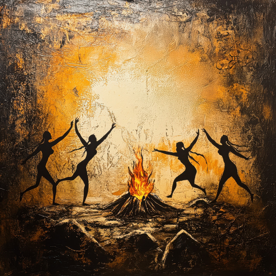 Tribal dance around a bonfire in a cave painting, illustrating social rituals, inspired by the art of chauvet cave and lascaux cave paintings