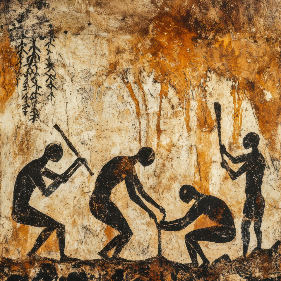 Workers crafting tools from stone in a cave painting, depicting early human innovation, inspired by chauvet cave and lascaux cave paintings