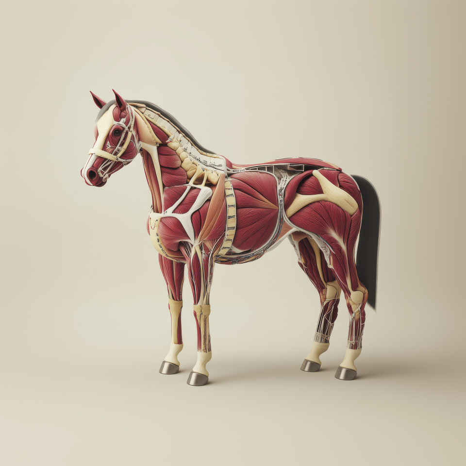 Highly detailed 3d anatomical illustration of a horse showing muscle structure and internal organs, human anatomy diagram concept for veterinary and biology studies