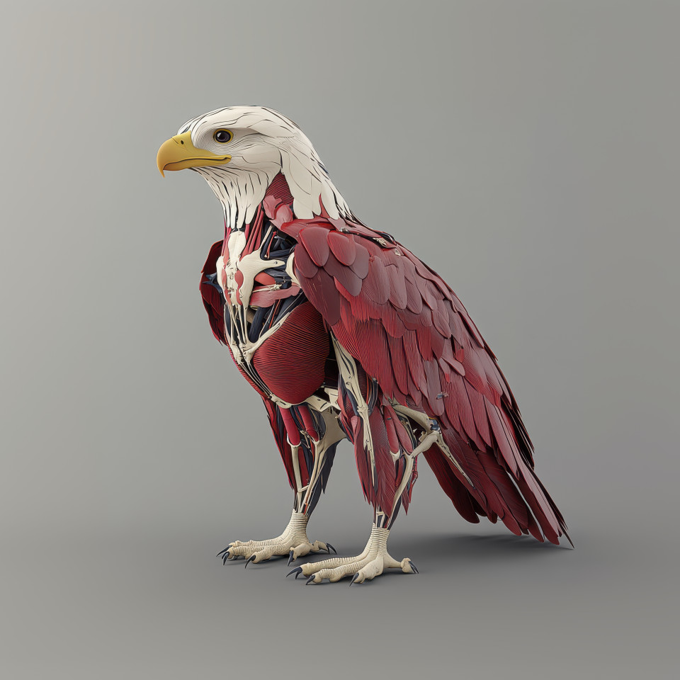 Highly detailed 3d anatomical illustration of an eagle displaying skeletal and muscular systems, human anatomy diagram for bird anatomy research and education