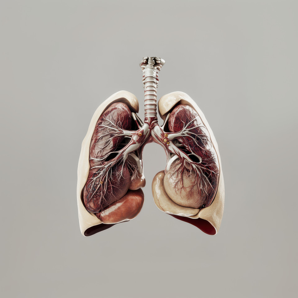 Highly detailed 3d anatomical illustration of human lungs showing bronchi, alveoli, and respiratory structures, human anatomy diagram concept for medical education