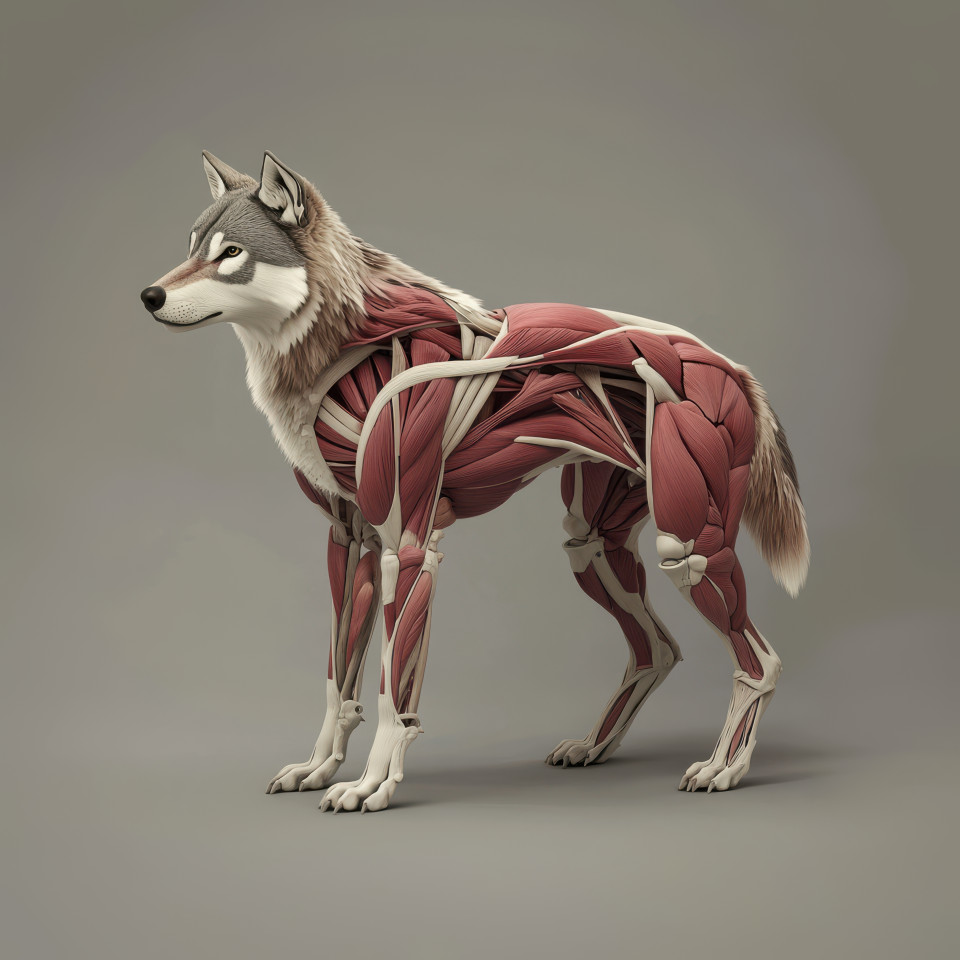 Highly detailed 3d anatomical illustration of a wolf displaying muscle structure, bones, and internal organs, human anatomy diagram concept for wildlife biology studies