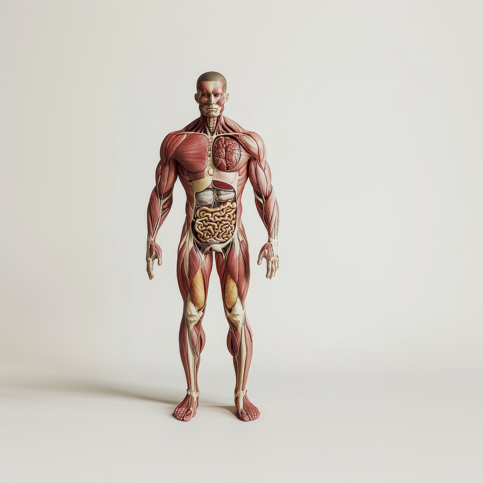 Highly detailed 3d anatomical illustration of a man showcasing muscular, skeletal, and internal organ structures, human anatomy diagram for medical and biological research