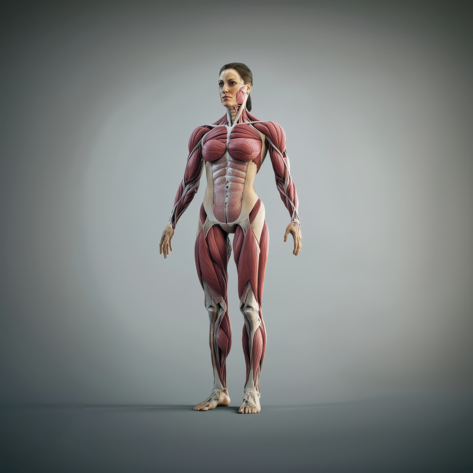 Highly detailed 3d anatomical illustration of a woman showing muscles, bones, and organs, human anatomy diagram concept for educational and medical reference