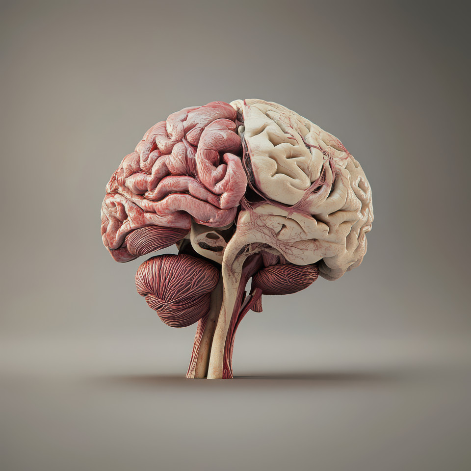 Highly detailed 3d anatomical illustration of a human brain showing neural pathways, lobes, and cerebellum, human anatomy diagram for neuroscience and medical education