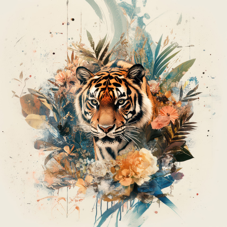 A majestic tiger with striking patterns created in a digital collage style blending textures and colors, the digital picture collage captures the wild beauty of the fierce predator