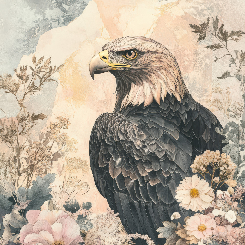 A powerful eagle with outstretched wings soaring high in a digital collage artwork, this digital picture collage merges abstract shapes and vibrant textures to highlight the bird strength