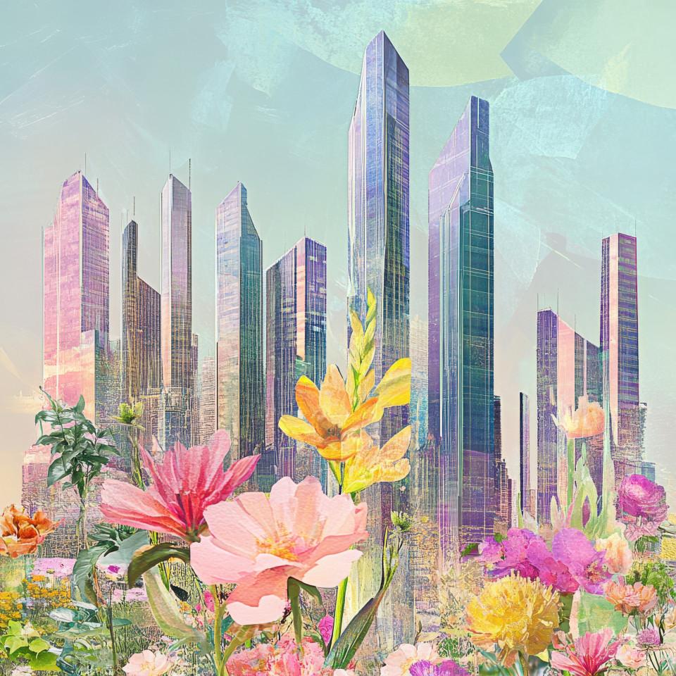 A futuristic city skyline with towering glass skyscrapers reflecting neon lights in a digital collage, the digital picture collage blends urban architecture with modern artistic elements