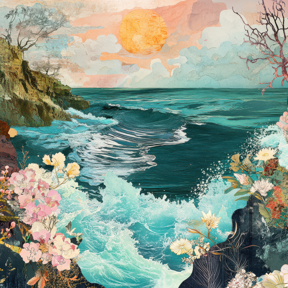 A peaceful shore with turquoise waves crashing onto the sand designed in a digital collage style, the digital picture collage merges ocean textures and abstract patterns for a serene view