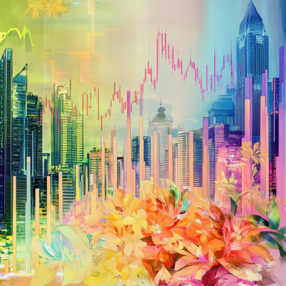 Stock market graphs glowing in a neon cityscape symbolizing financial growth and trends, this digital collage artwork blends technology, economy, and urban aesthetics in a digital picture collage