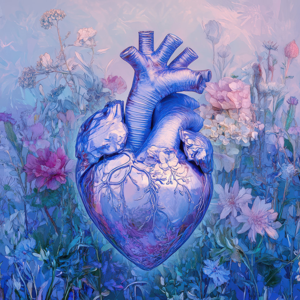 A holographic heart scan glowing in blue symbolizing futuristic healthcare and medical innovation, the digital picture collage combines tech elements with a digital collage maker effect for depth