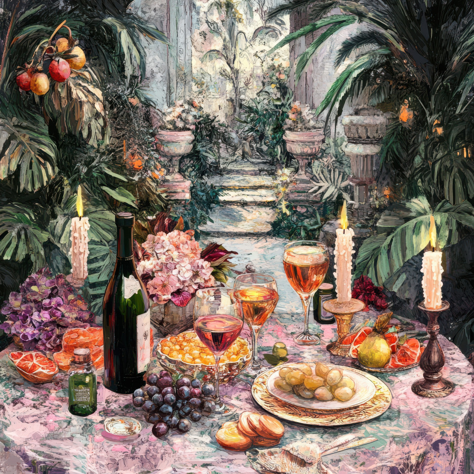 A luxurious feast with gourmet dishes fine wine and candlelight in a digital collage artwork, the digital picture collage blends rich textures and warm tones to create an elegant dining scene