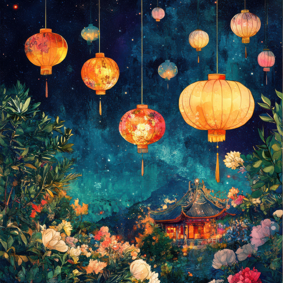 Vibrant lanterns floating in the dark night sky creating a magical festival ambiance, this digital collage picture merges glowing lights and dreamy textures for a mesmerizing effect