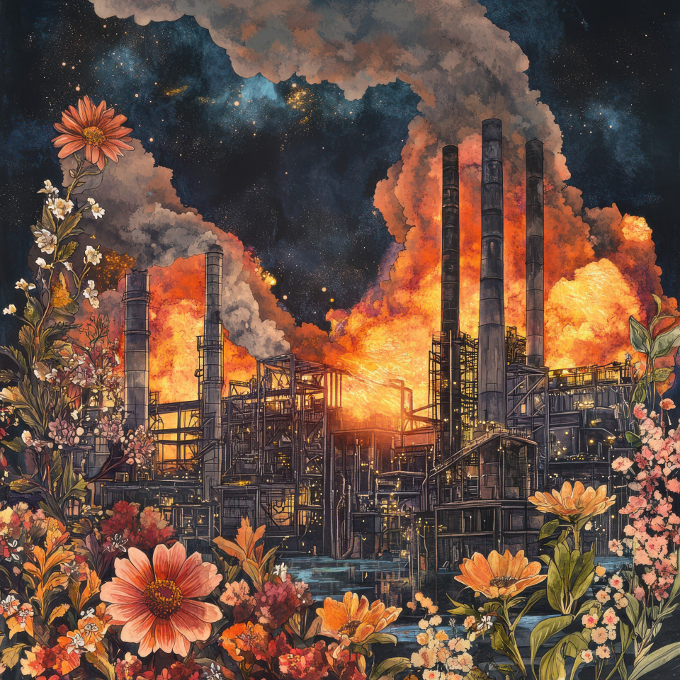 A smoky factory with molten steel glowing brightly representing industrial power, the digital picture collage captures the heat, energy, and movement in a digital collage artwork
