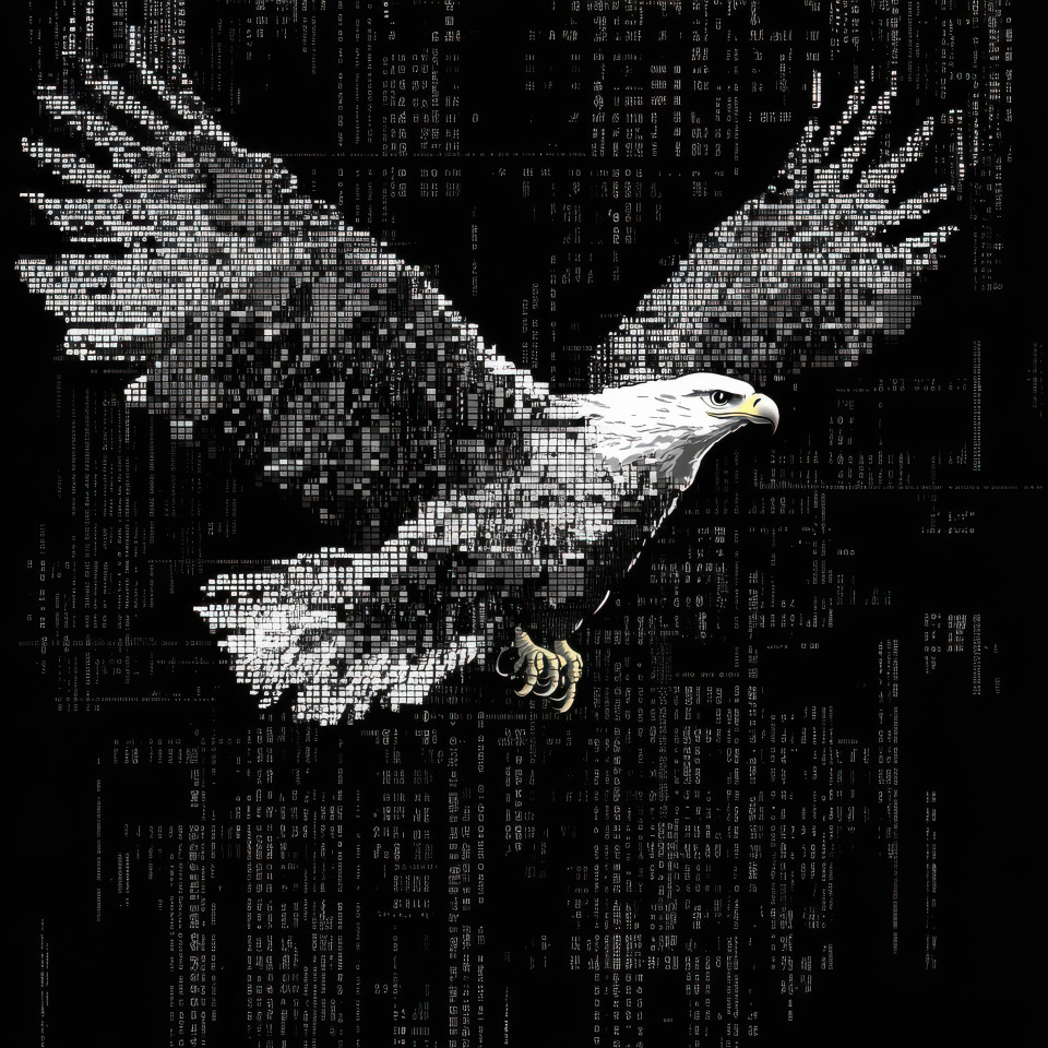 Majestic eagle soaring with wings spread wide symbolizing freedom and power crafted entirely in ascii art, stunning ascii art collection for fans of ascii art images