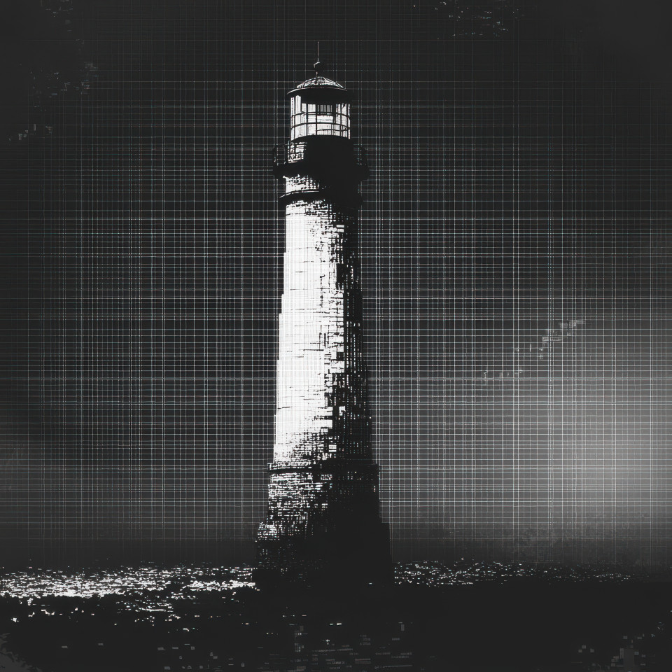 Tall lighthouse standing by the sea guiding ships with its bright light beautifully crafted in ascii art, part of a unique ascii art collection and ascii art images