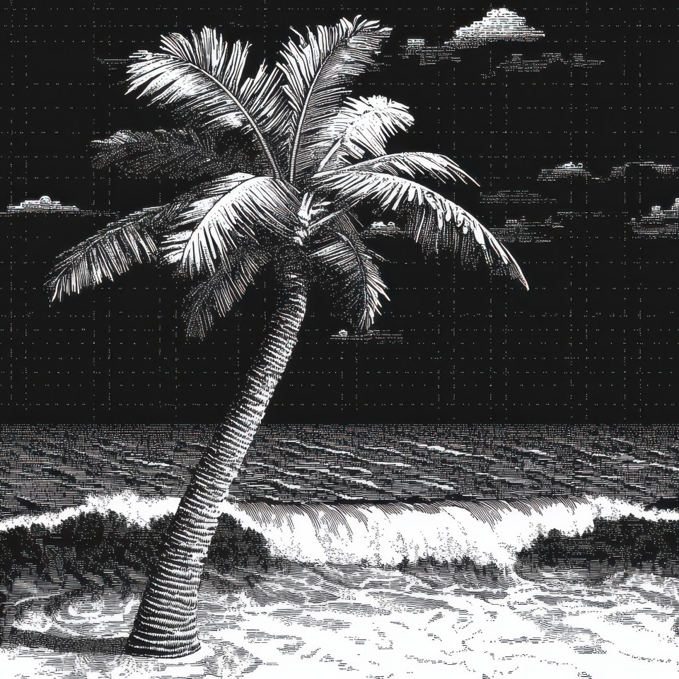 Palm tree swaying beside ocean waves capturing tropical vibes carefully designed in ascii art, a stunning addition to an ascii art collection and ascii art images