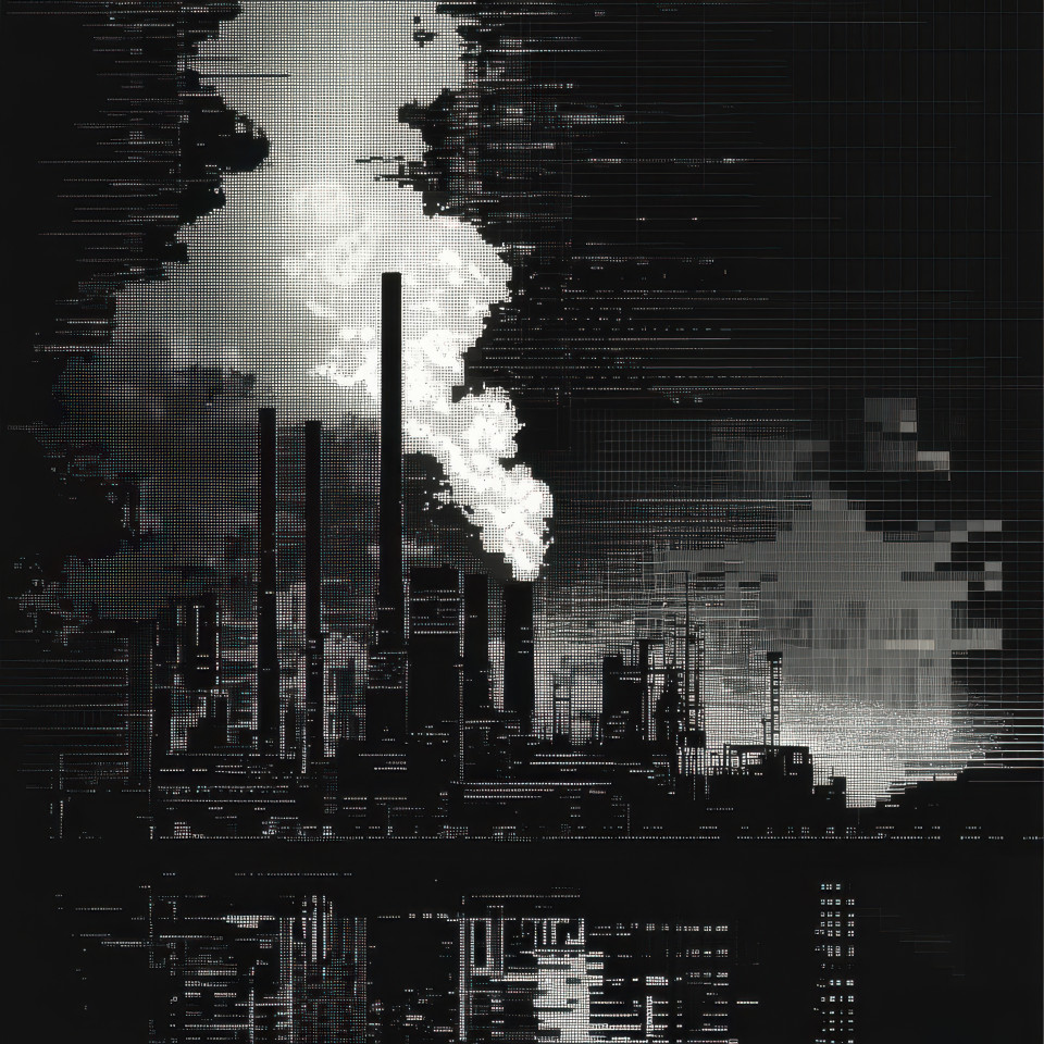 Factory with chimneys emitting smoke representing industry and production skillfully illustrated in ascii art, a creative ascii art collection piece for ascii art images fans