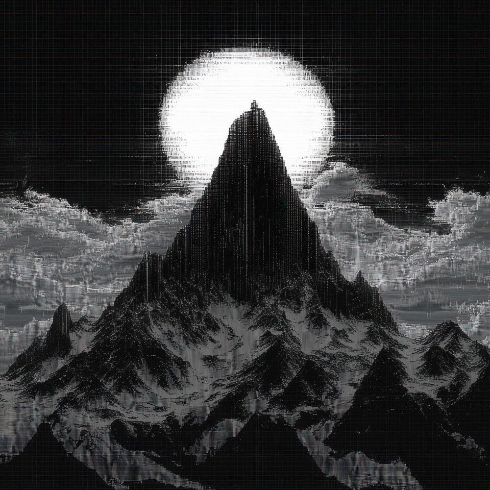 Mountain with the sun rising behind it symbolizing new beginnings and adventure beautifully rendered in ascii art, a perfect ascii art collection piece for ascii art images seekers