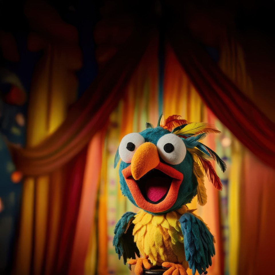 A zany parrot perches high cracking jokes with a wide beak and bright feathers, custom muppet style puppet bringing humor and fun, muppet style, muppet style puppet