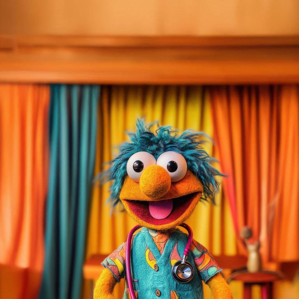A muppet doctor with a giant stethoscope checks a patient with a silly expression, custom muppet style puppet with a fun medical theme, muppet style, muppet style puppet