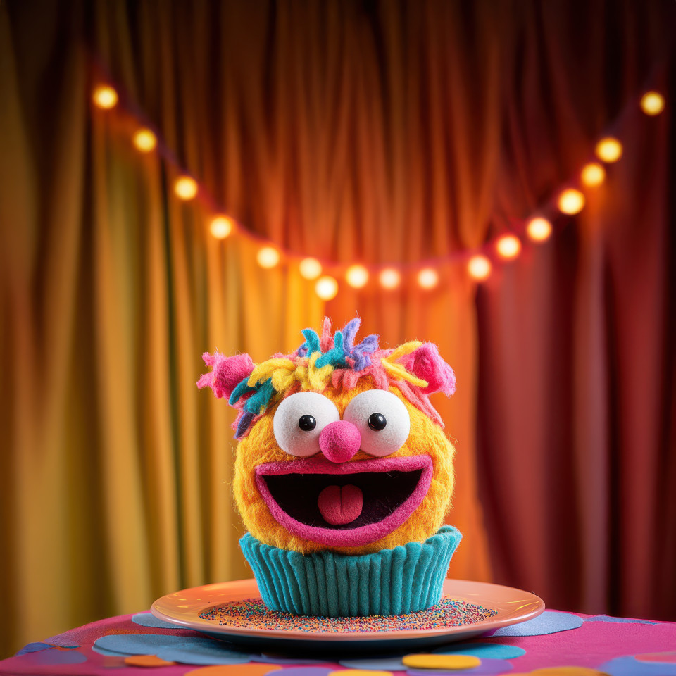 A living cupcake sings happily on a plate its frosting wavy with excitement, custom muppet style puppet adding fun to dessert time, muppet style, muppet style puppet