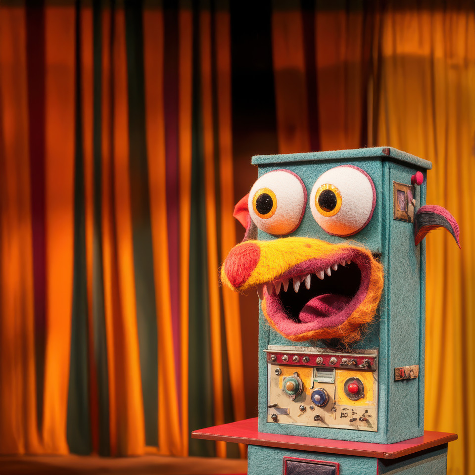A factory machine with a funny face moves gears and levers while smiling, custom muppet style puppet blending humor and industry, muppet style, muppet style puppet