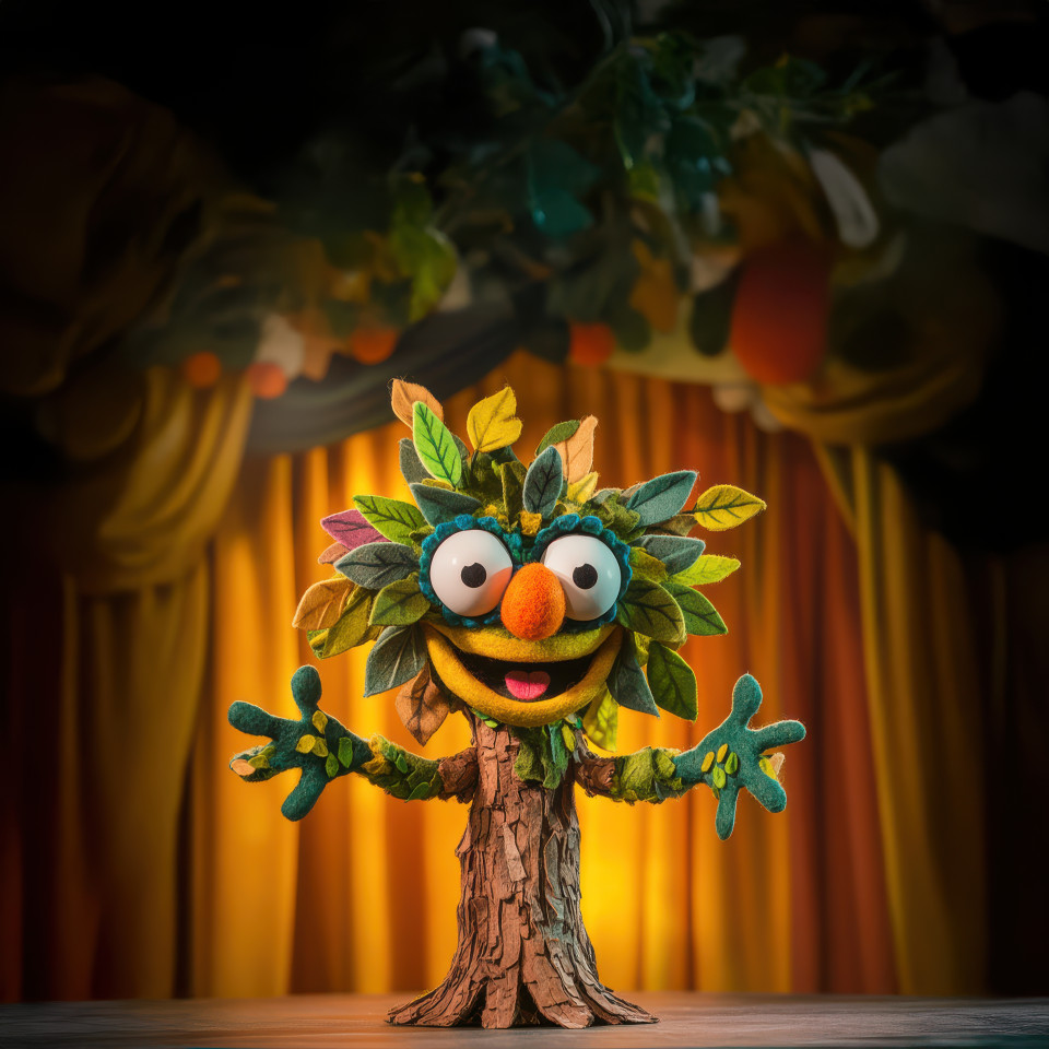 A talking tree with leafy arms waves and shares stories with a cheerful face, custom muppet style puppet bringing nature to life, muppet style, muppet style puppet