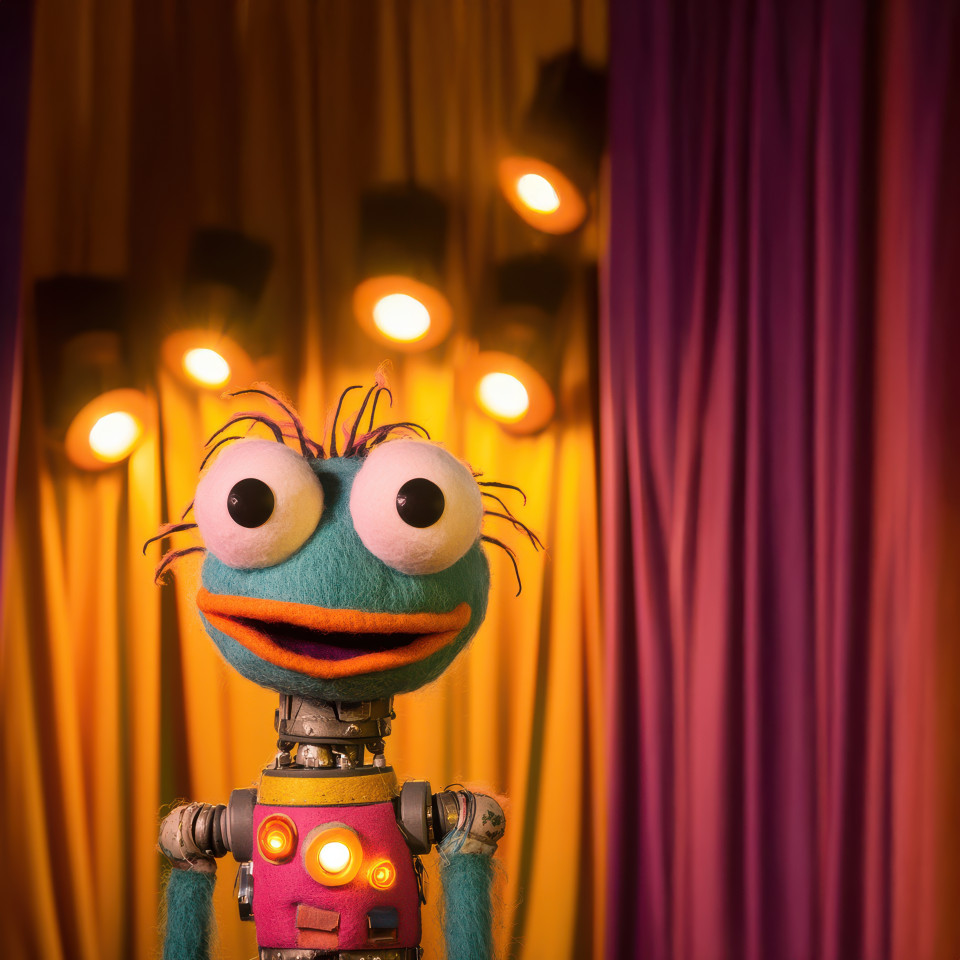 A robot muppet blinks its lights while speaking in beeps and funny sounds, custom muppet style puppet mixing tech and humor, muppet style, muppet style puppet