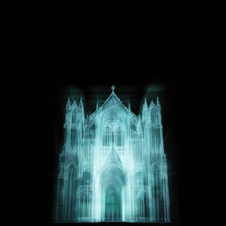X ray of a gothic cathedral facade with towering arches and ornate details, glowing ethereal light reveals structure, historical architecture, muppet style, custom muppet style puppet, muppet style puppet