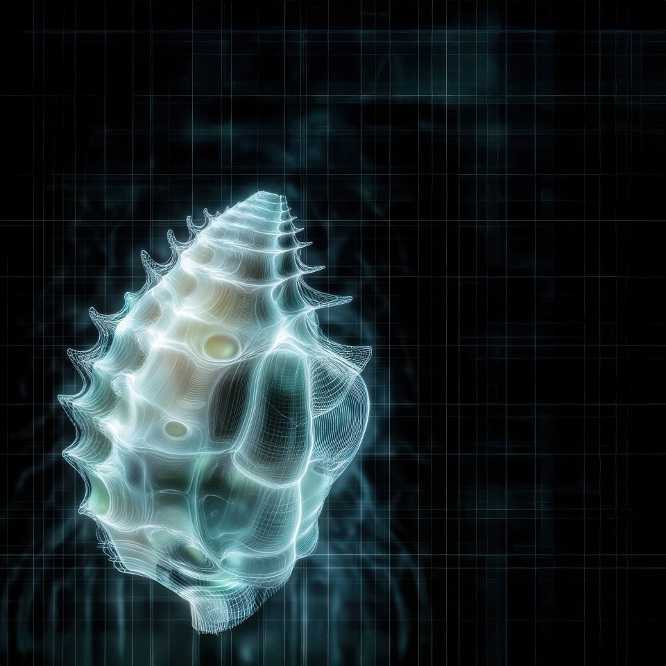 X ray of a seashell with intricate spiral patterns, glowing ethereal light enhances natural symmetry, ocean life, marine beauty, muppet style, custom muppet style puppet, muppet style puppet