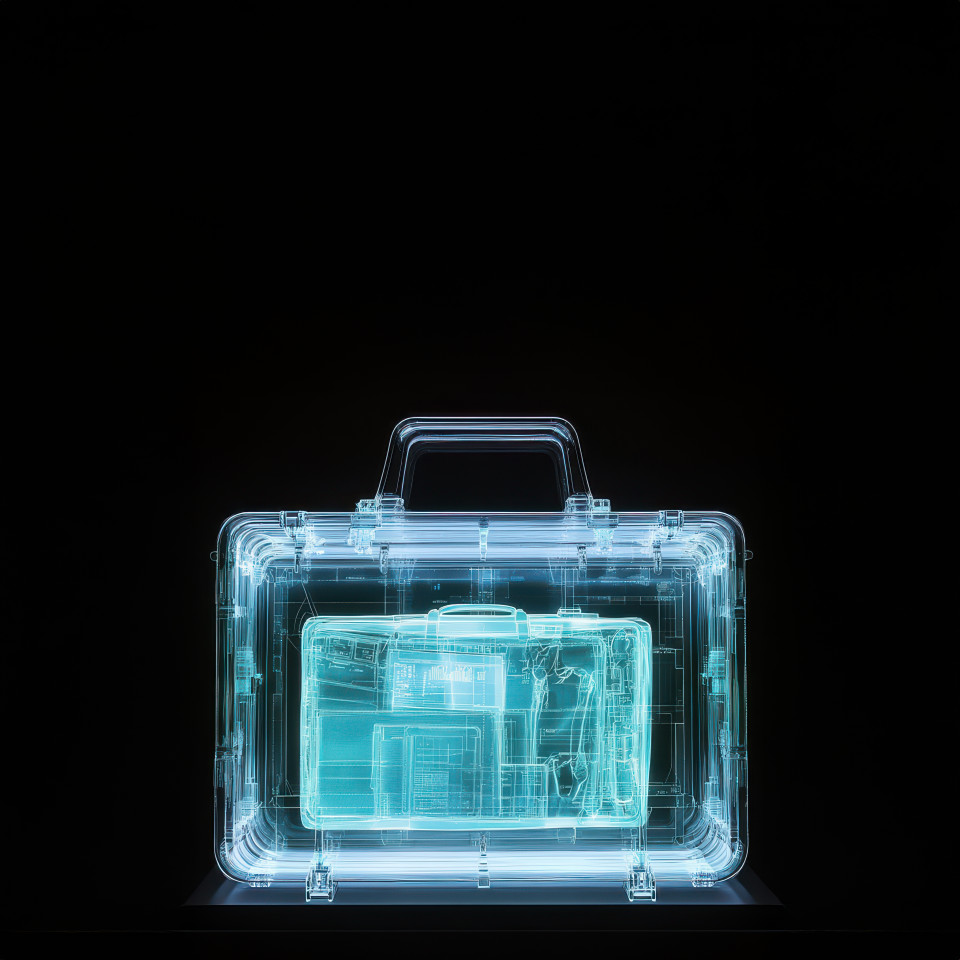 X ray of a briefcase filled with documents, glowing ethereal light exposes contents, business concept, work essentials, muppet style, custom muppet style puppet, muppet style puppet