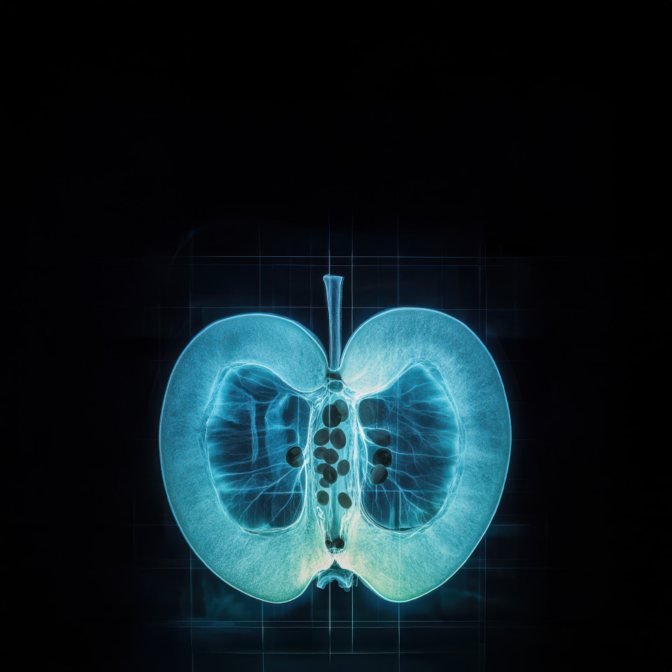 X ray of a sliced apple showing seeds and core, glowing ethereal light highlights fruit anatomy, nutrition concept, healthy eating, muppet style, custom muppet style puppet, muppet style puppet