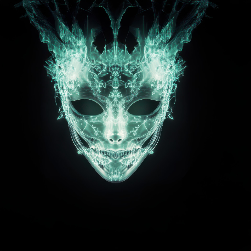 X ray of a masquerade mask with ornate details, glowing ethereal light enhances mystery, elegant disguise, carnival theme, muppet style, custom muppet style puppet, muppet style puppet