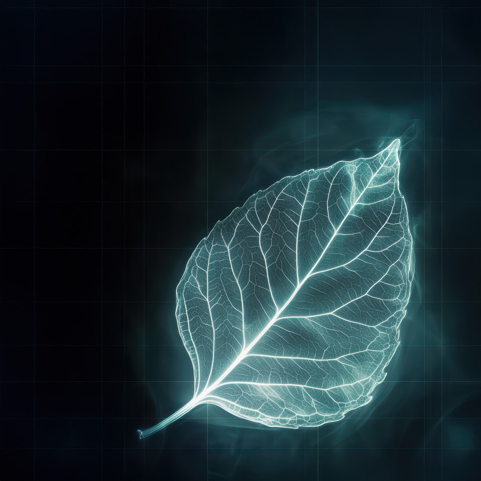 X ray of a leaf with detailed veins, glowing ethereal light reveals organic patterns, nature structure, botanical study, muppet style, custom muppet style puppet, muppet style puppet