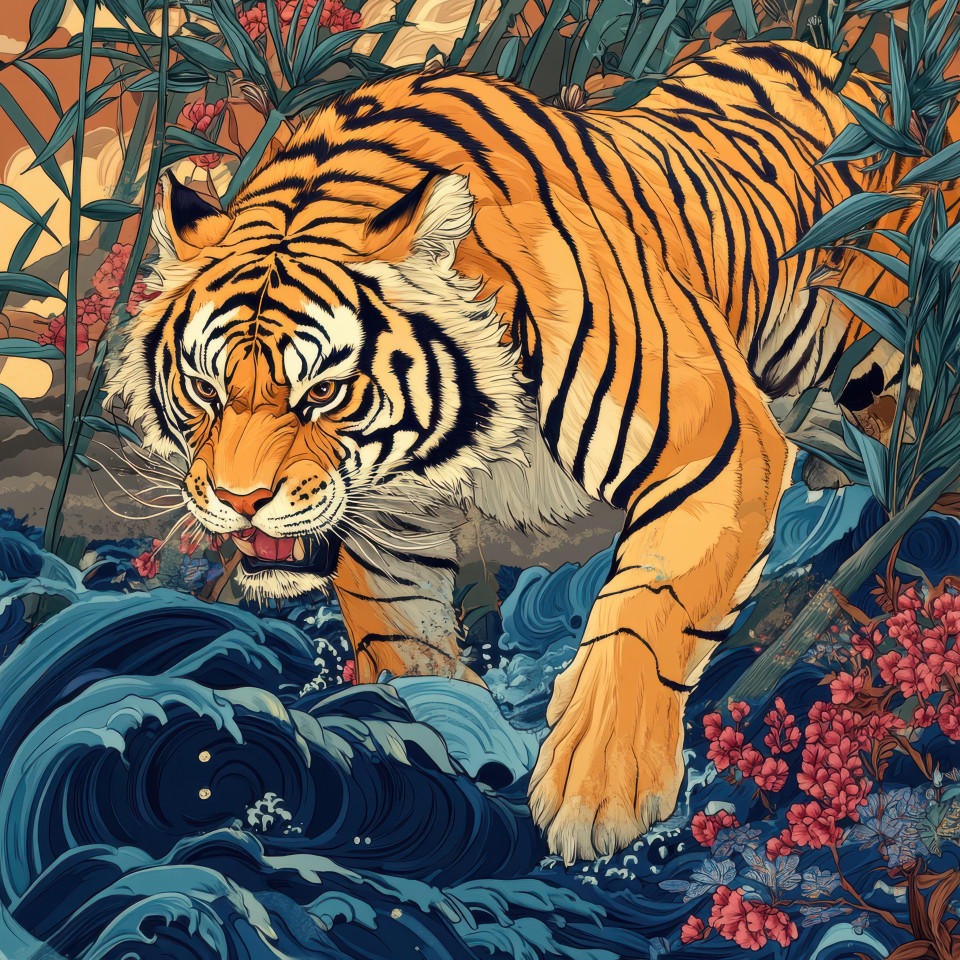 A tiger prowling through dense bamboo sharp eyes scanning for prey powerful and poised, traditional ukiyo e style inspired by utagawa kuniyoshi, capturing wild beauty
