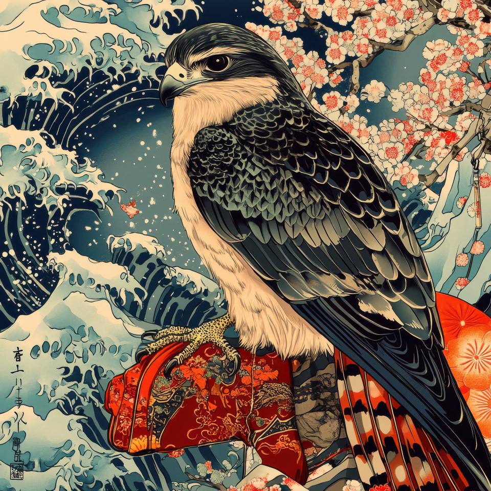 A majestic falcon perched on a samurai glove sharp talons gripping tightly a symbol of power and precision, classic ukiyo e art, inspired by kuniyoshi, detailed and dynamic