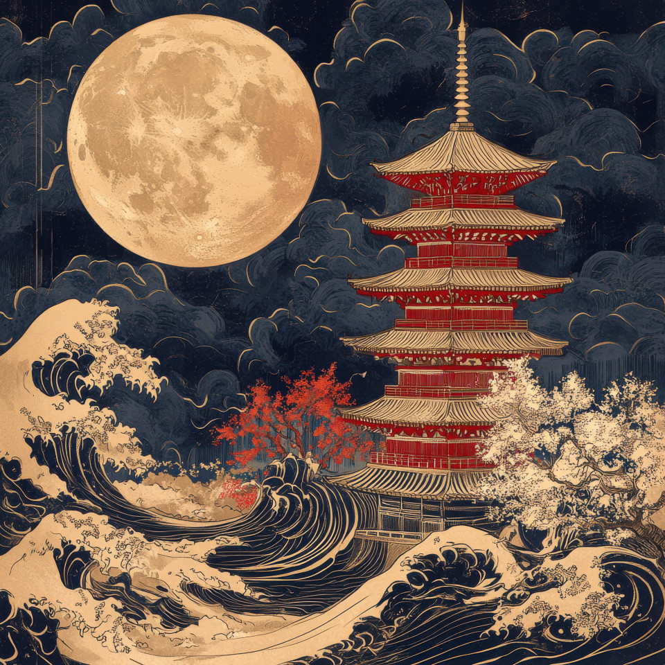 A towering pagoda stands in misty moonlight its silhouette glowing softly, a serene ukiyo e landscape, evoking mystery and tradition in the style of utagawa kuniyoshi