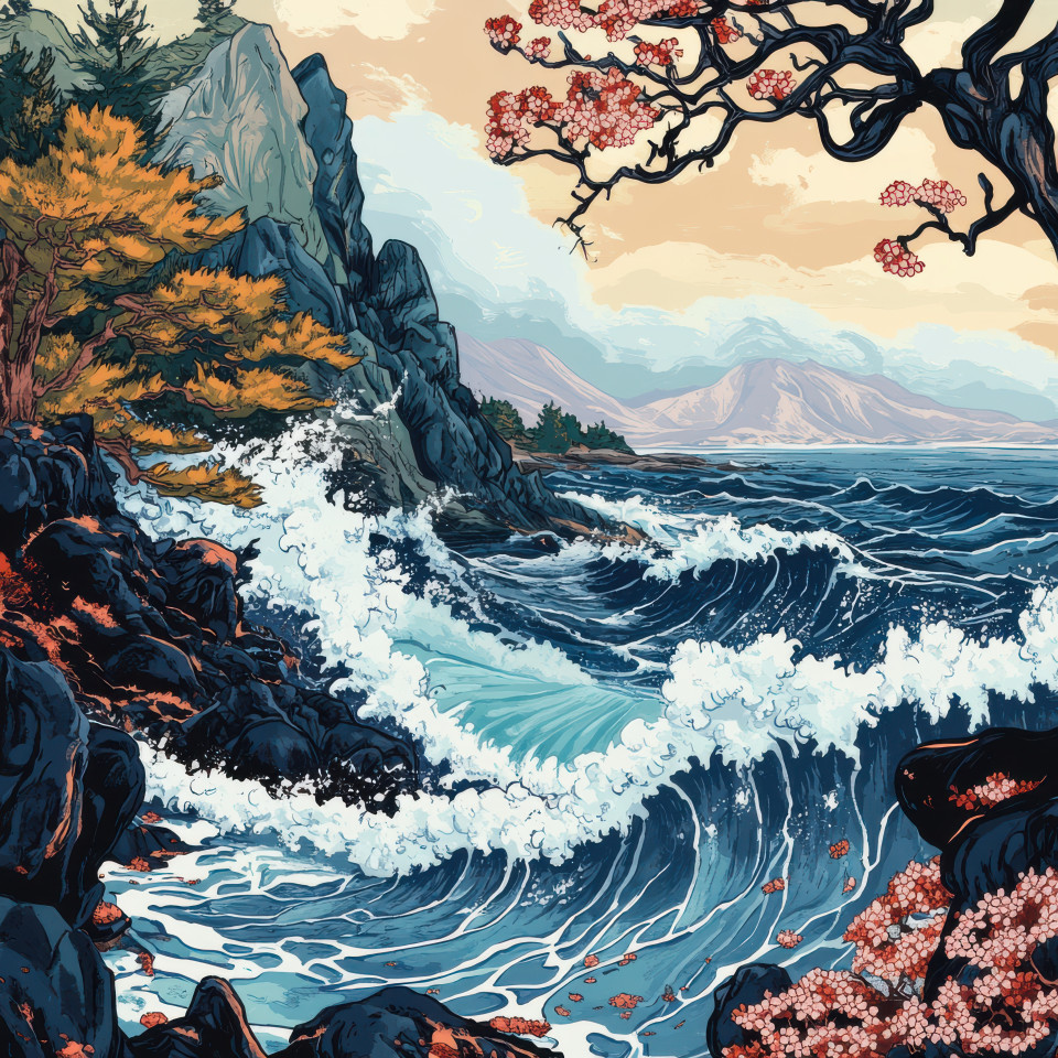 Powerful waves crash against jagged rocky shores foaming and fierce, a dramatic ukiyo e seascape, echoing the bold strokes of kuniyoshi, capturing nature’s raw energy
