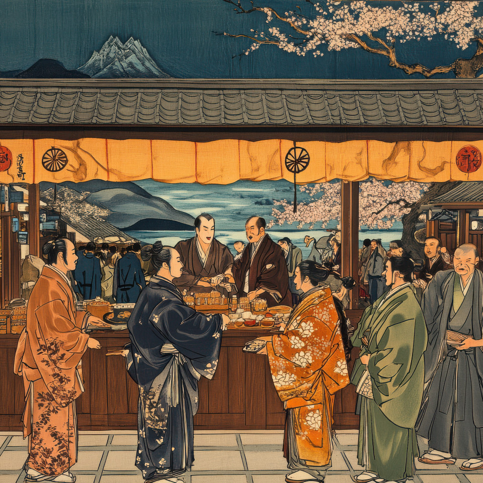 Merchants trading goods in the bustling edo streets exchanging silk spices and pottery, a vivid ukiyo e market scene, rich with detail, inspired by utagawa kuniyoshi