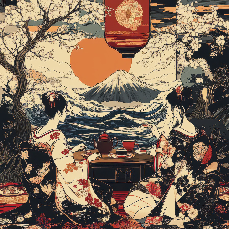 A refined tea ceremony with elegant guests seated in a tranquil setting delicate porcelain teacups in hand, a graceful ukiyo e composition, evoking the artistry of kuniyoshi